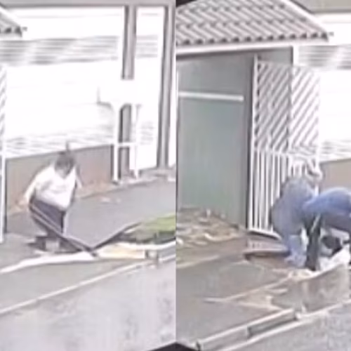 Mulher cai em buraco após calçada ceder na Grande Curitiba; homens tentam ajudá-la e também caem