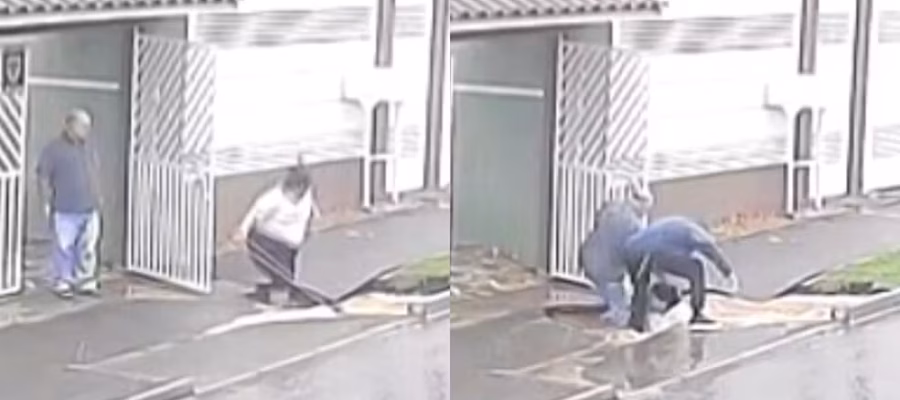 Mulher cai em buraco após calçada ceder na Grande Curitiba; homens tentam ajudá-la e também caem